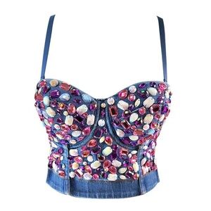Embellished Denim Bustier Top